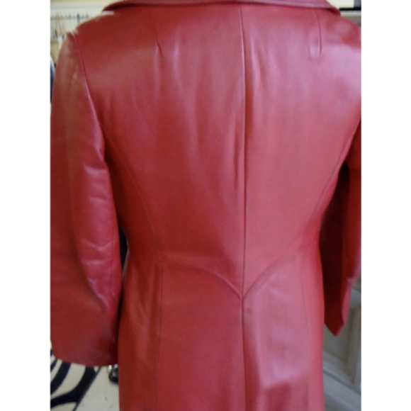 red LEATHER COAT vintage trench jacket S - Picture 11 of 11